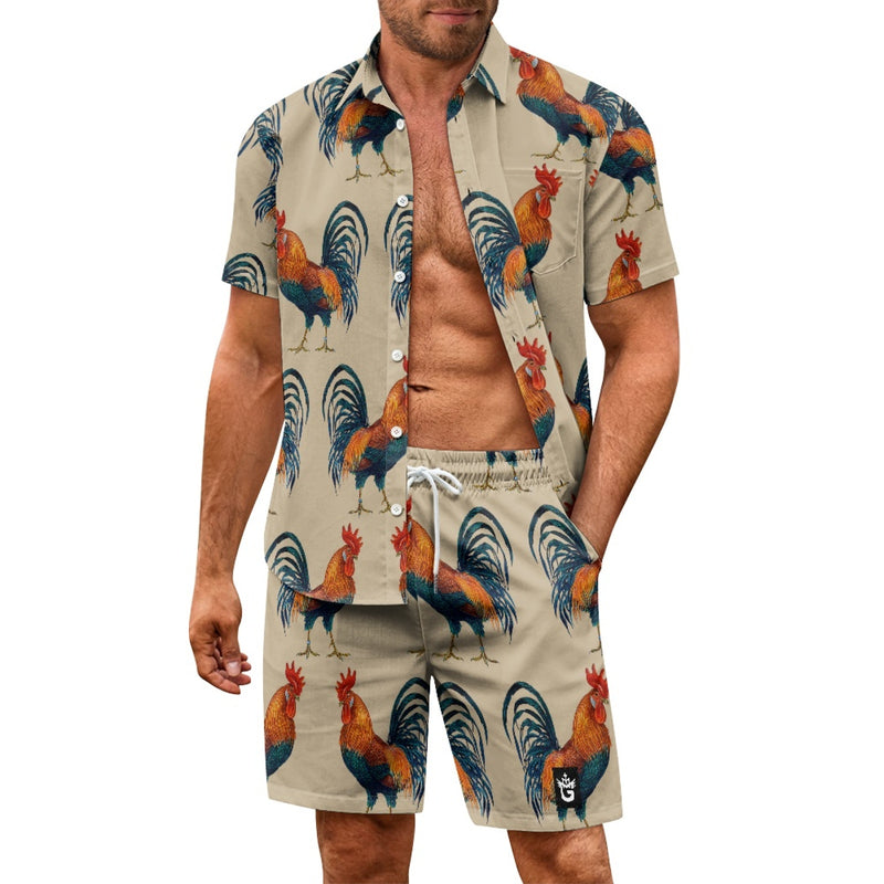 TMMG HAITI COQ KALITE CABANA SET featuring a man in a vibrant rooster-patterned shirt and shorts.