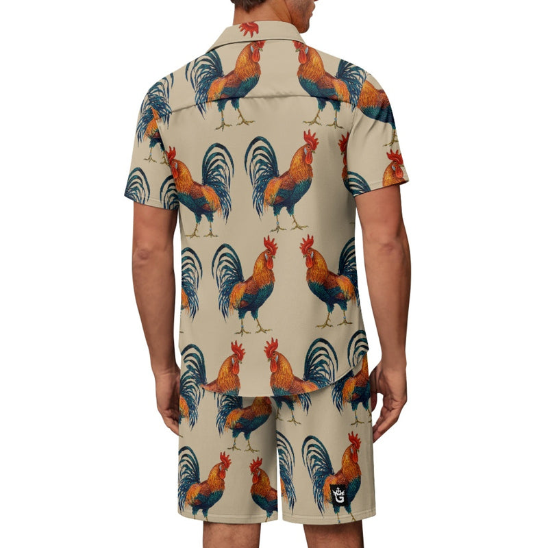 TMMG HAITI COQ KALITE CABANA SET displayed on a model wearing a vibrant rooster pattern shirt and shorts.