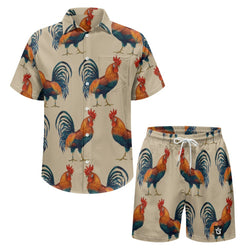TMMG HAITI COQ KALITE CABANA SET featuring a vibrant rooster design shirt and shorts.