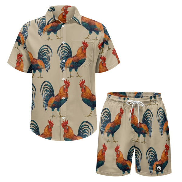 TMMG HAITI COQ KALITE CABANA SET featuring a vibrant rooster design shirt and shorts.
