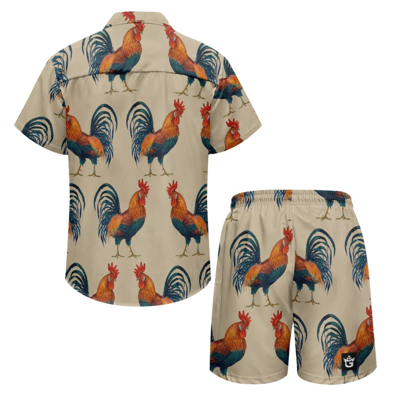 TMMG HAITI COQ KALITE CABANA SET featuring a vibrant rooster pattern shirt and matching shorts for outdoor living.