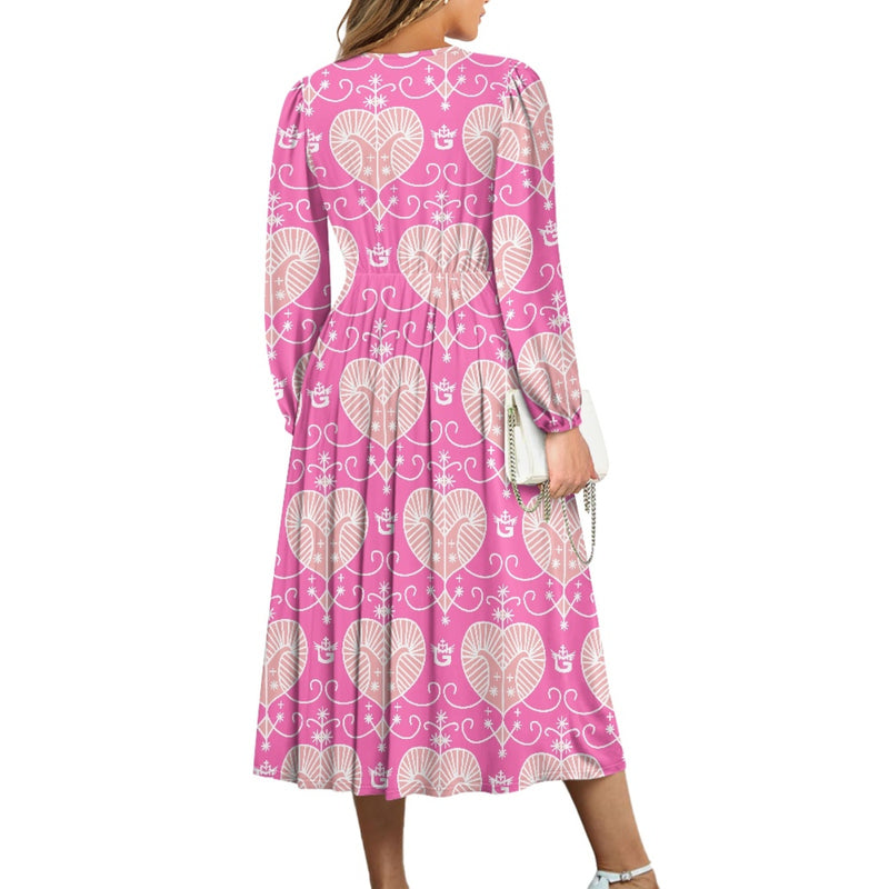 TMMG Haiti Voodoo Ezili Freda Tie Waist Midi Dress blends elegance and culture. With a V-neck and long sleeves, it offers comfort, style, and heritage.