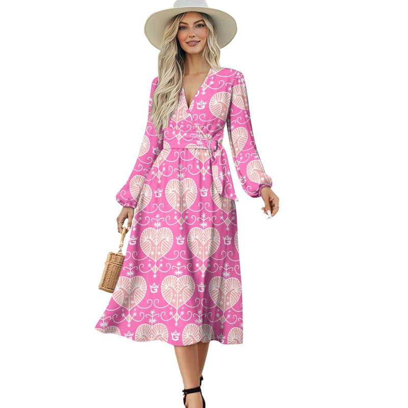 TMMG Haiti Voodoo Ezili Freda Tie Waist Midi Dress blends elegance and culture. With a V-neck and long sleeves, it offers comfort, style, and heritage.