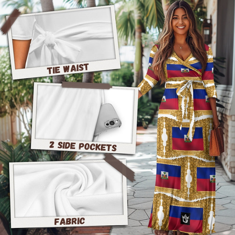 TMMG HAITI FLAG GOLDEN FRAME V-NECK MAXI DRESS