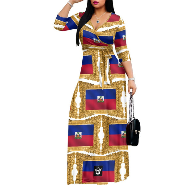 TMMG HAITI FLAG GOLDEN FRAME V-NECK MAXI DRESS