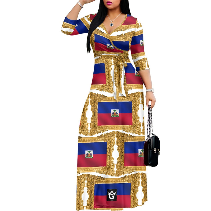 TMMG HAITI FLAG GOLDEN FRAME V-NECK MAXI DRESS