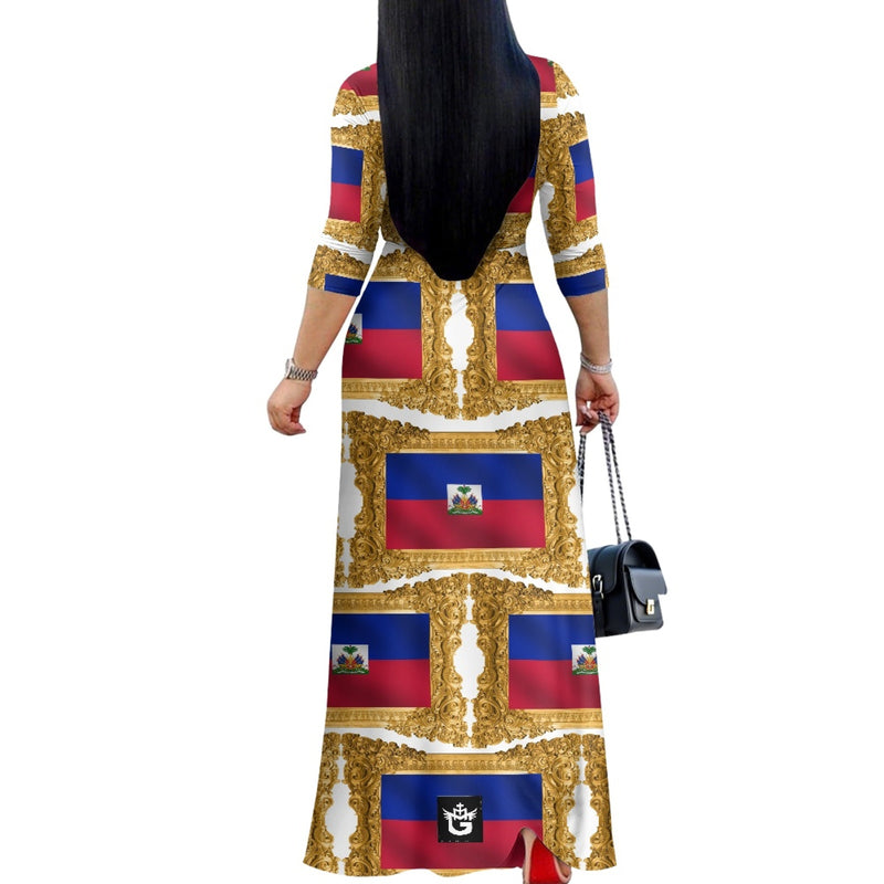 TMMG HAITI FLAG GOLDEN FRAME V-NECK MAXI DRESS