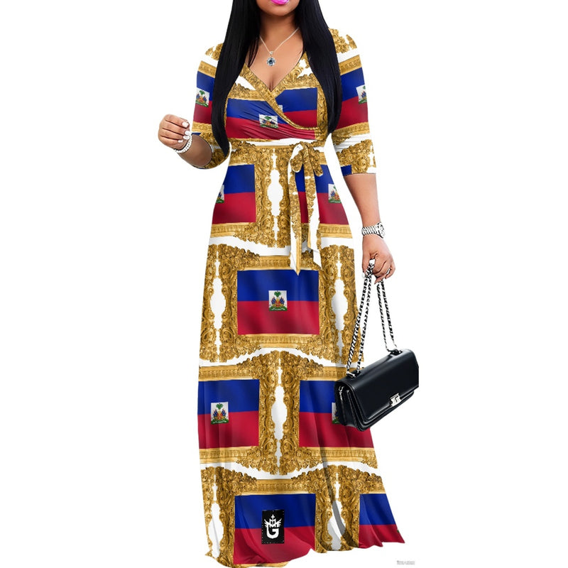 TMMG HAITI FLAG GOLDEN FRAME V-NECK MAXI DRESS