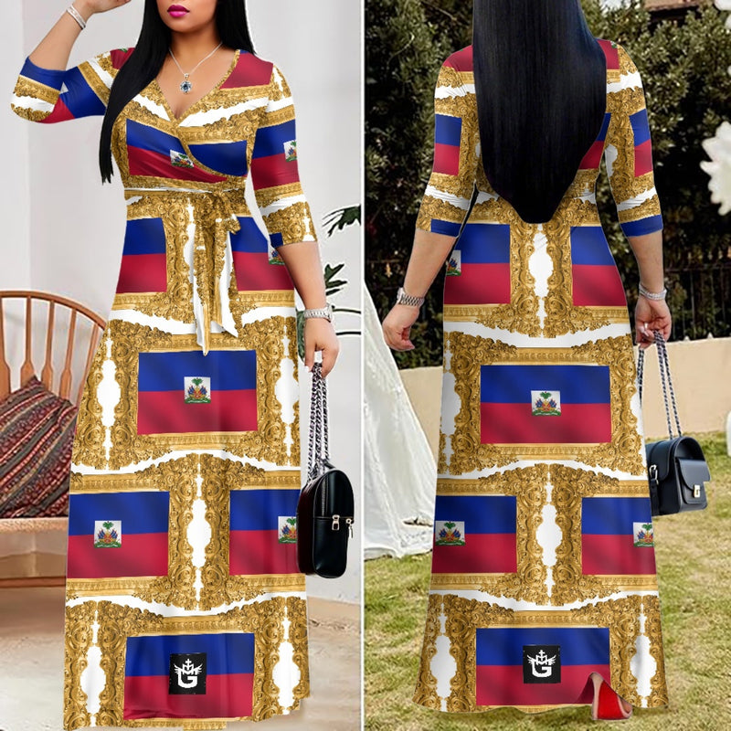 TMMG HAITI FLAG GOLDEN FRAME V-NECK MAXI DRESS