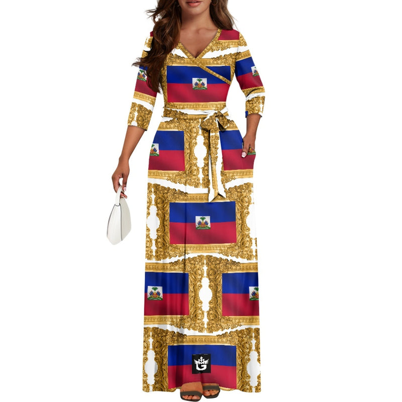 TMMG HAITI FLAG GOLDEN FRAME V-NECK MAXI DRESS