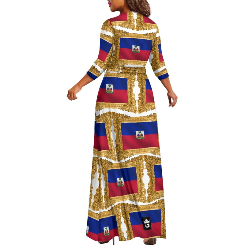 TMMG HAITI FLAG GOLDEN FRAME V-NECK MAXI DRESS