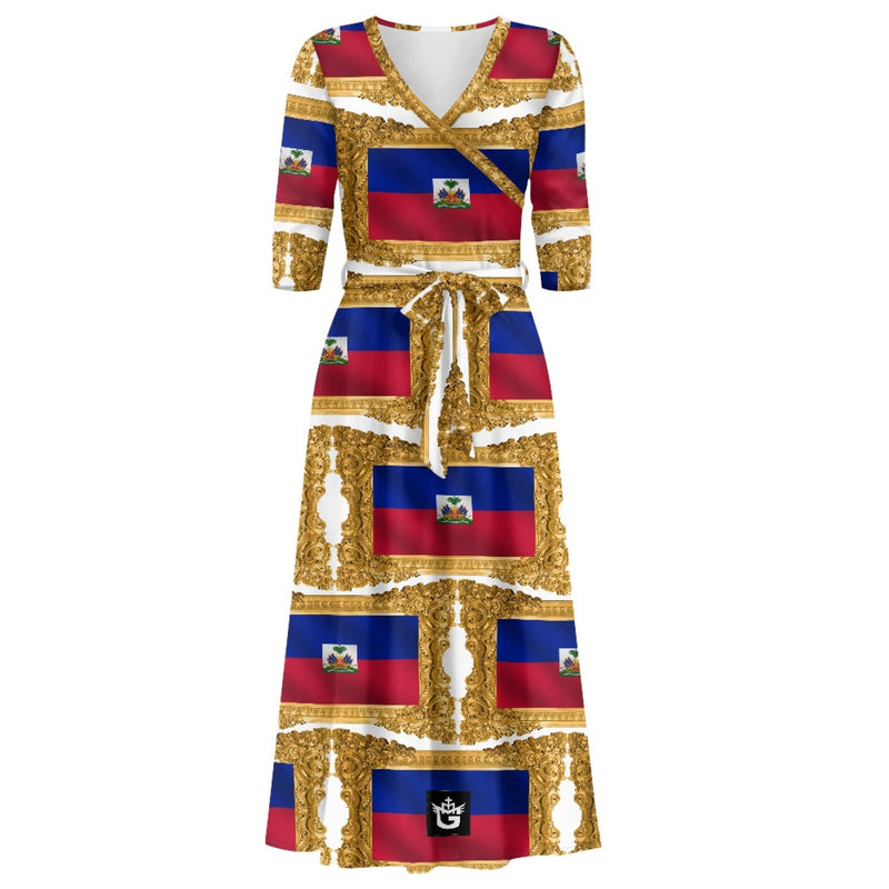 TMMG HAITI FLAG GOLDEN FRAME V-NECK MAXI DRESS