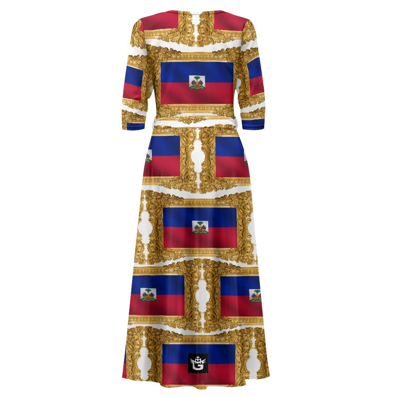 TMMG HAITI FLAG GOLDEN FRAME V-NECK MAXI DRESS