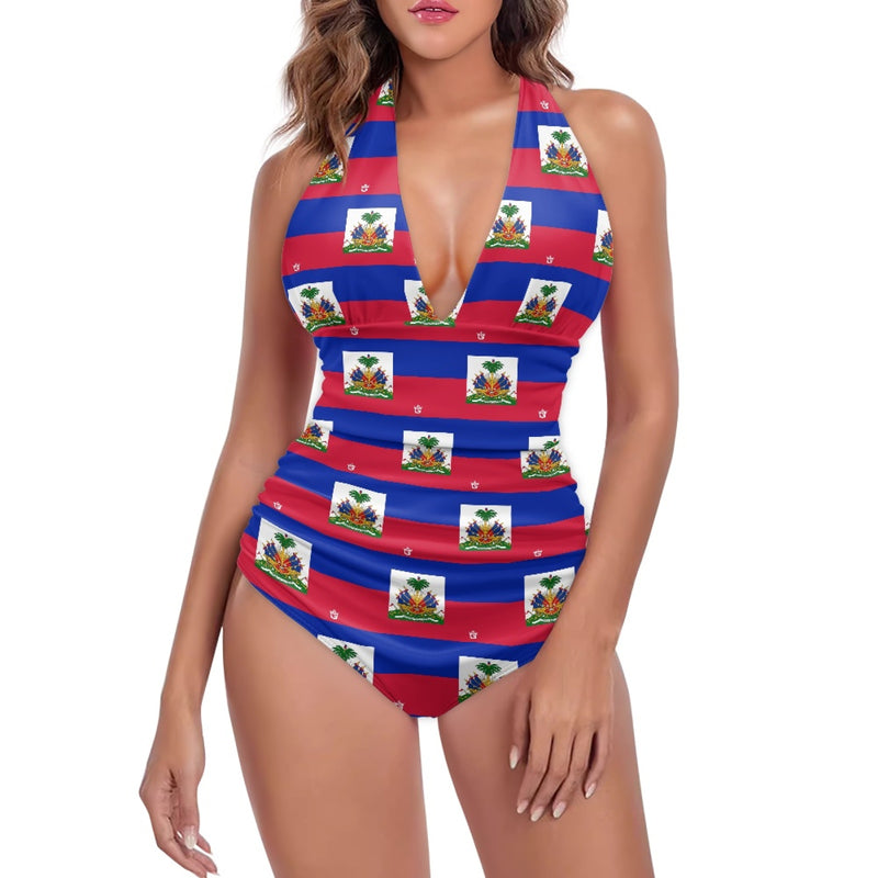 TMMG HAITI FLAG PLAID ALL OVER PRINT HIGH CUT ONE PIECE SWIMSUIT