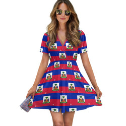 TMMG HAITI FLAG PLAID Ladies V-neck Short-Sleeved Dress