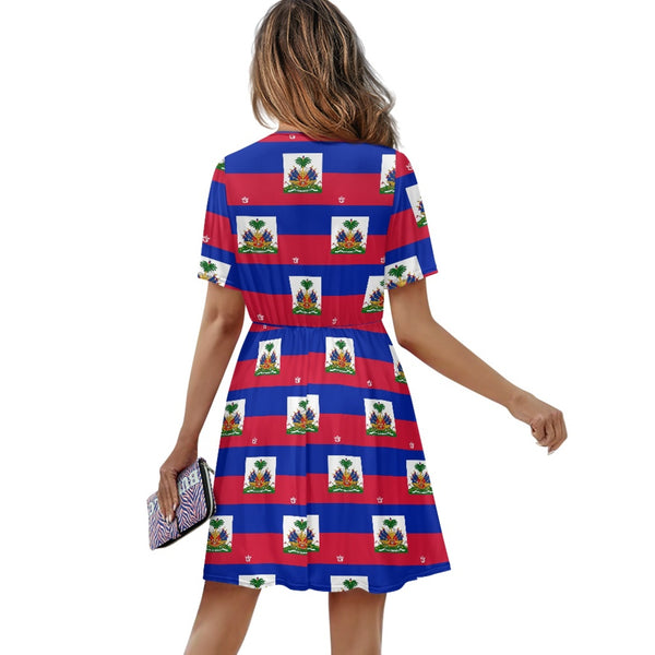 TMMG HAITI FLAG PLAID Ladies V-neck Short-Sleeved Dress