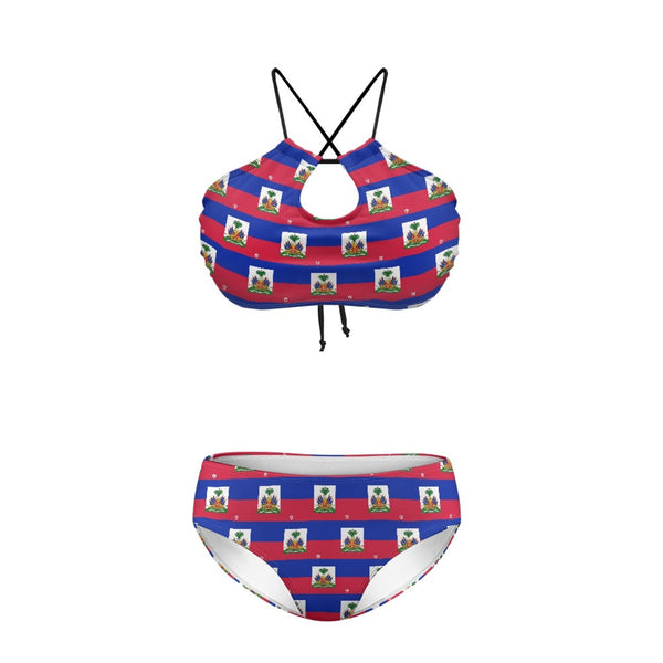 TMMG HAITI FLAG PLAID STRAPPY TWO-PIECE BIKINI SWIMSUIT