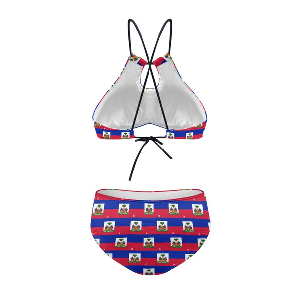 TMMG HAITI FLAG PLAID STRAPPY TWO-PIECE BIKINI SWIMSUIT