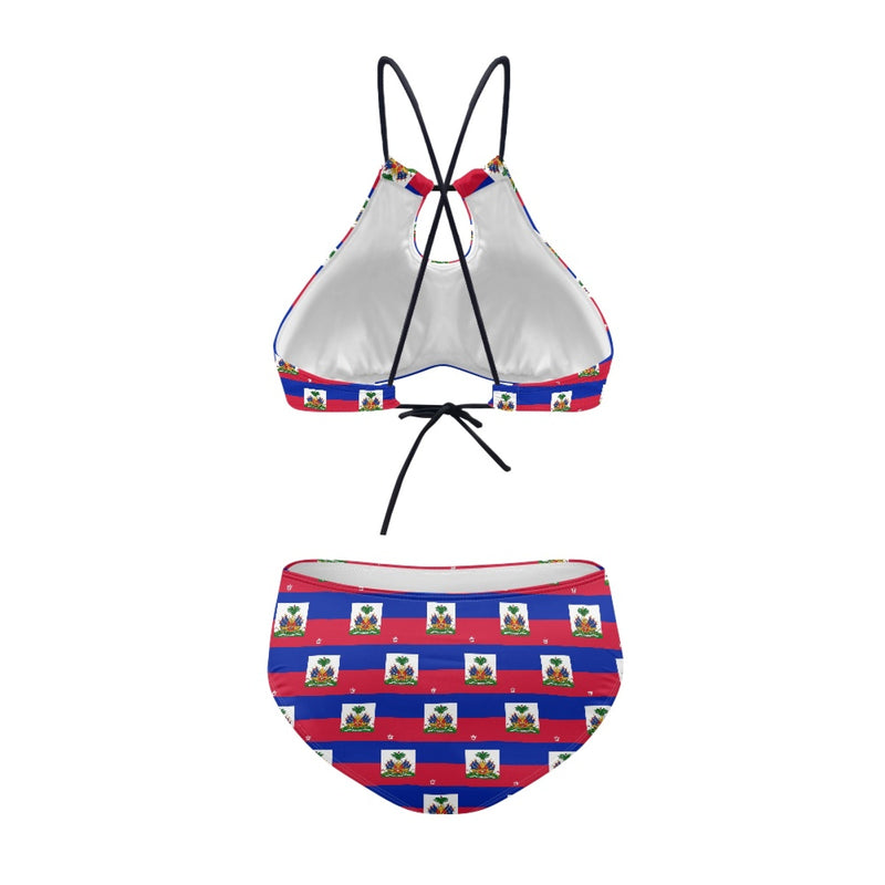TMMG HAITI FLAG PLAID STRAPPY TWO-PIECE BIKINI SWIMSUIT
