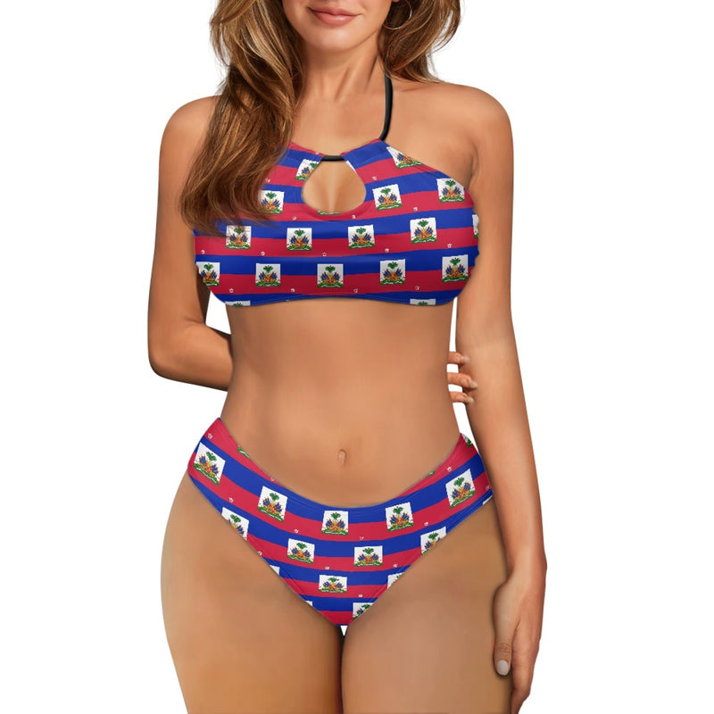 TMMG HAITI FLAG PLAID STRAPPY TWO-PIECE BIKINI SWIMSUIT