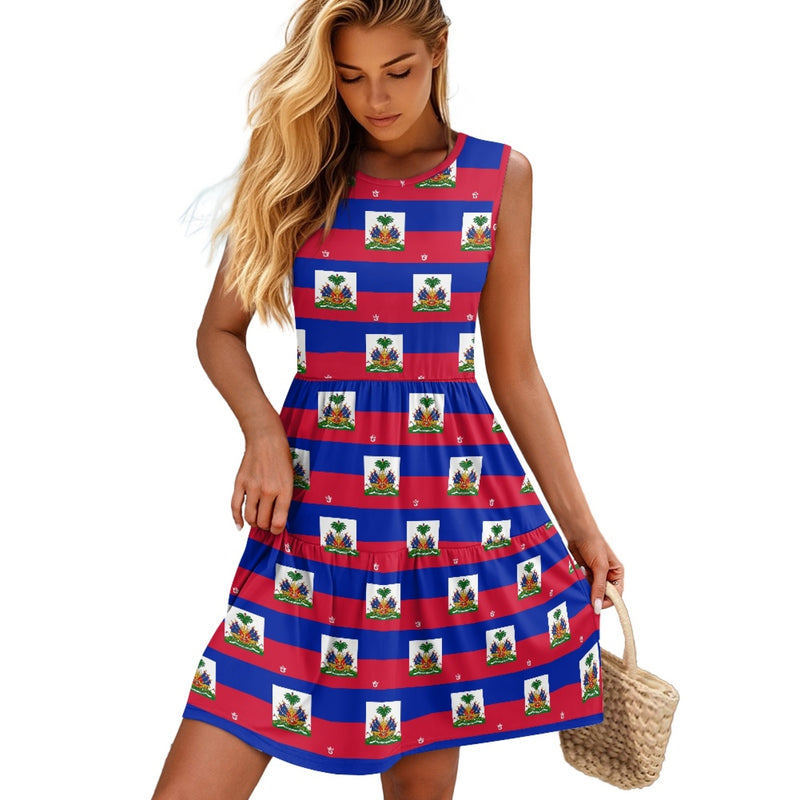 TMMG HAITI FLAG PLAID Women's Sleeveless Round Neck Patchwork Skirt