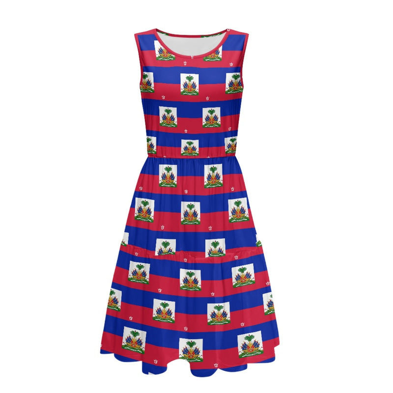 TMMG HAITI FLAG PLAID Women's Sleeveless Round Neck Patchwork Skirt