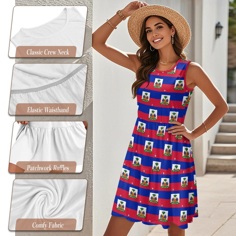 TMMG HAITI FLAG PLAID Women's Sleeveless Round Neck Patchwork Skirt
