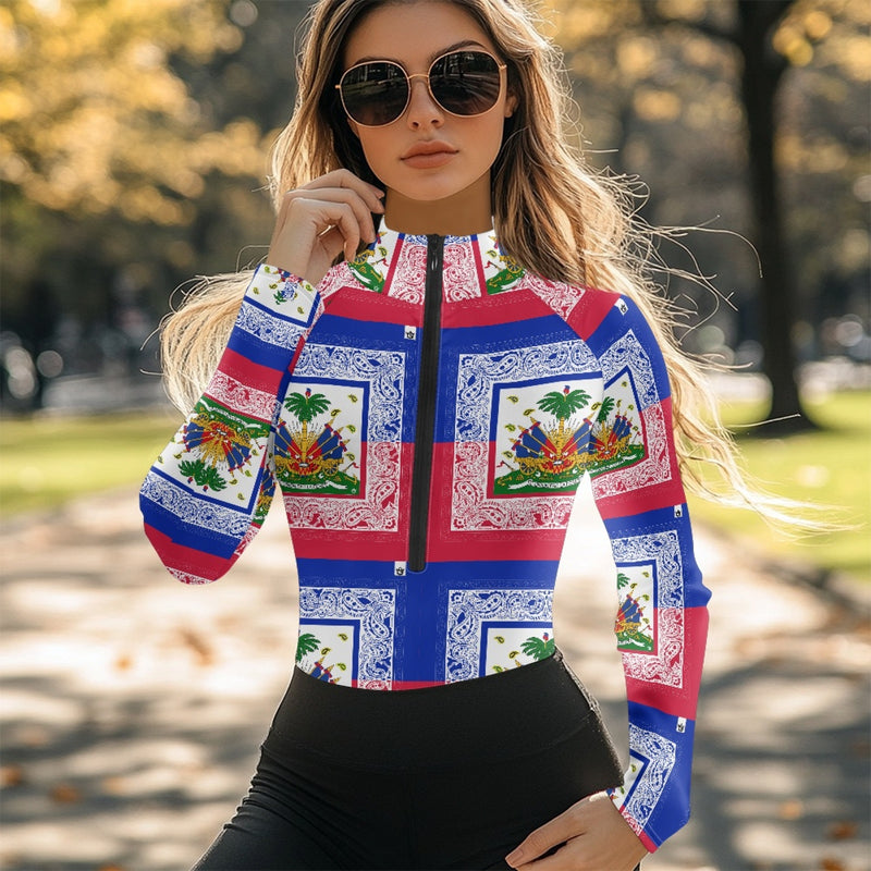 TMMG HAITI HAITIAN FLAG BANDANA Front Zip Long Sleeve Bodysuit