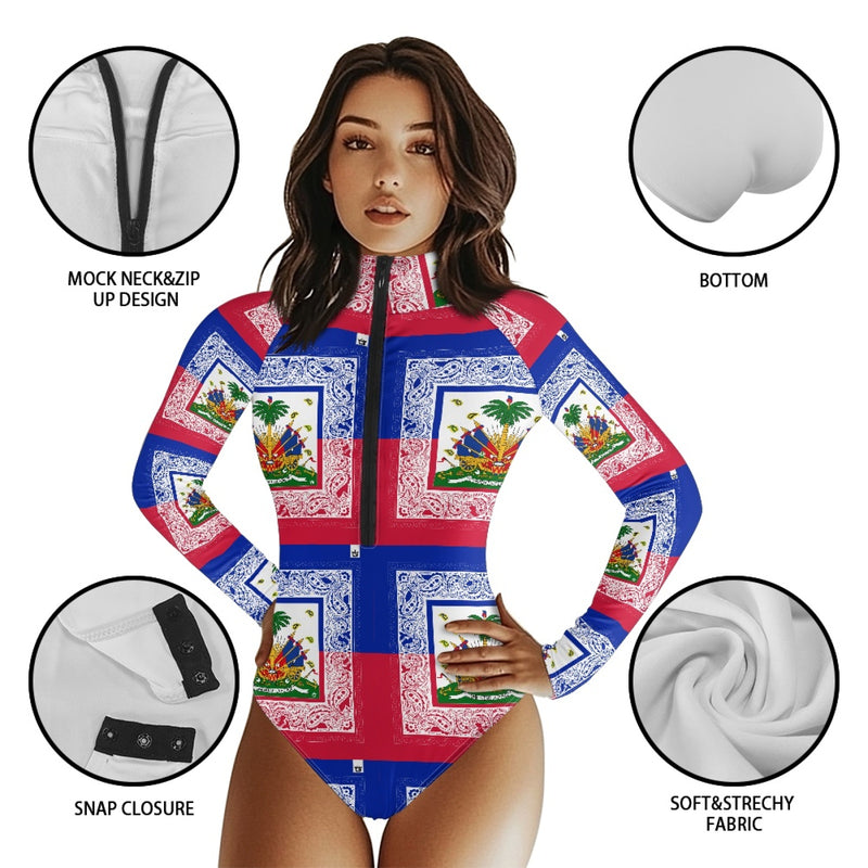 TMMG HAITI HAITIAN FLAG BANDANA Front Zip Long Sleeve Bodysuit