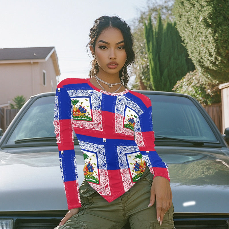 TMMG HAITI HAITIAN FLAG BANDANA Long-sleeved round neck irregular slim fit bottoming shirt