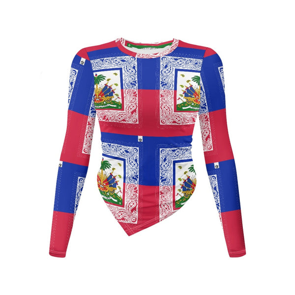 TMMG HAITI HAITIAN FLAG BANDANA Long-sleeved round neck irregular slim fit bottoming shirt