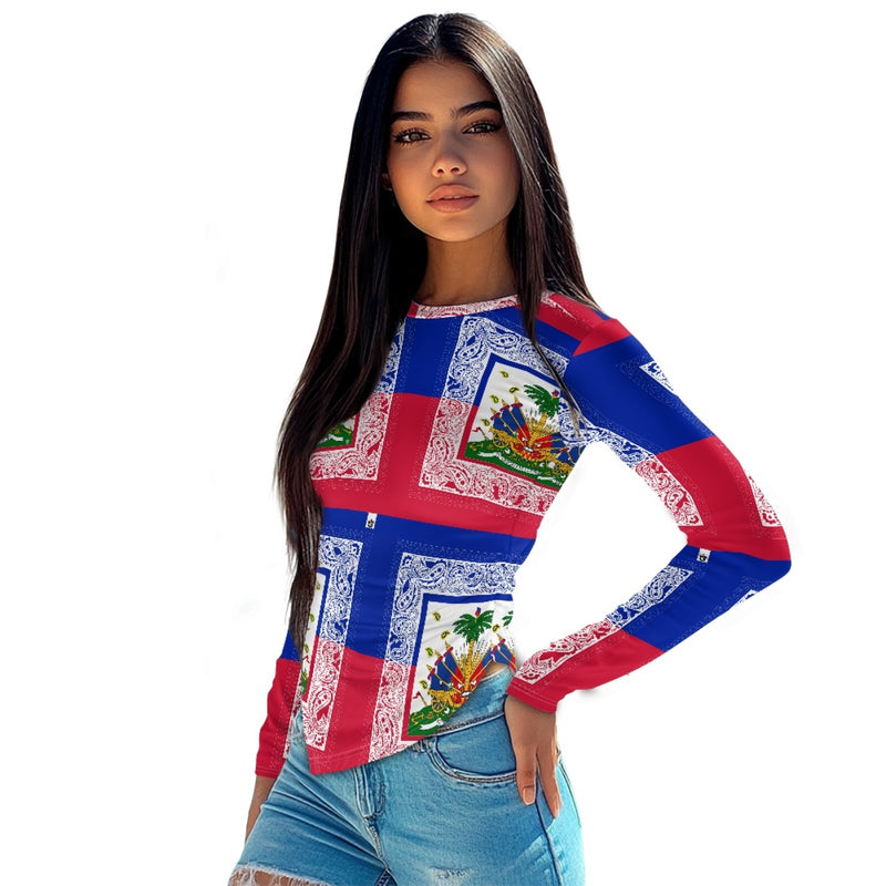 TMMG HAITI HAITIAN FLAG BANDANA Long-sleeved round neck irregular slim fit bottoming shirt