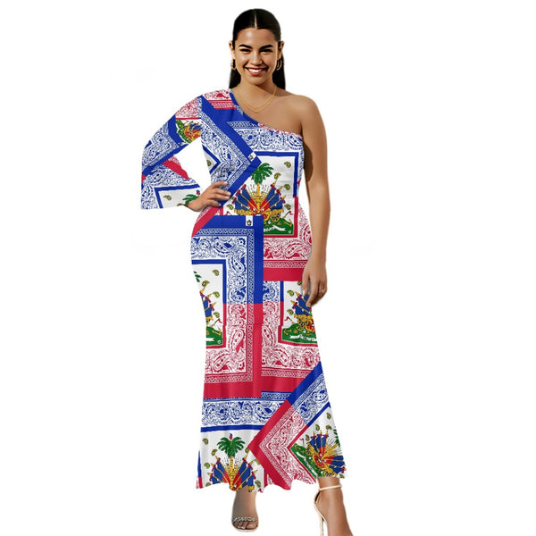 TMMG HAITI HAITIAN FLAG BANDANA Single Long Sleeve Off-Shoulder Fishtail Dress