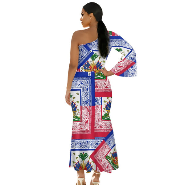 TMMG HAITI HAITIAN FLAG BANDANA Single Long Sleeve Off-Shoulder Fishtail Dress