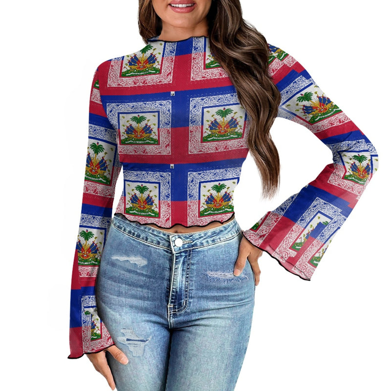 TMMG HAITI HAITIAN FLAG BANDANA Women's Bell Sleeve Blouse