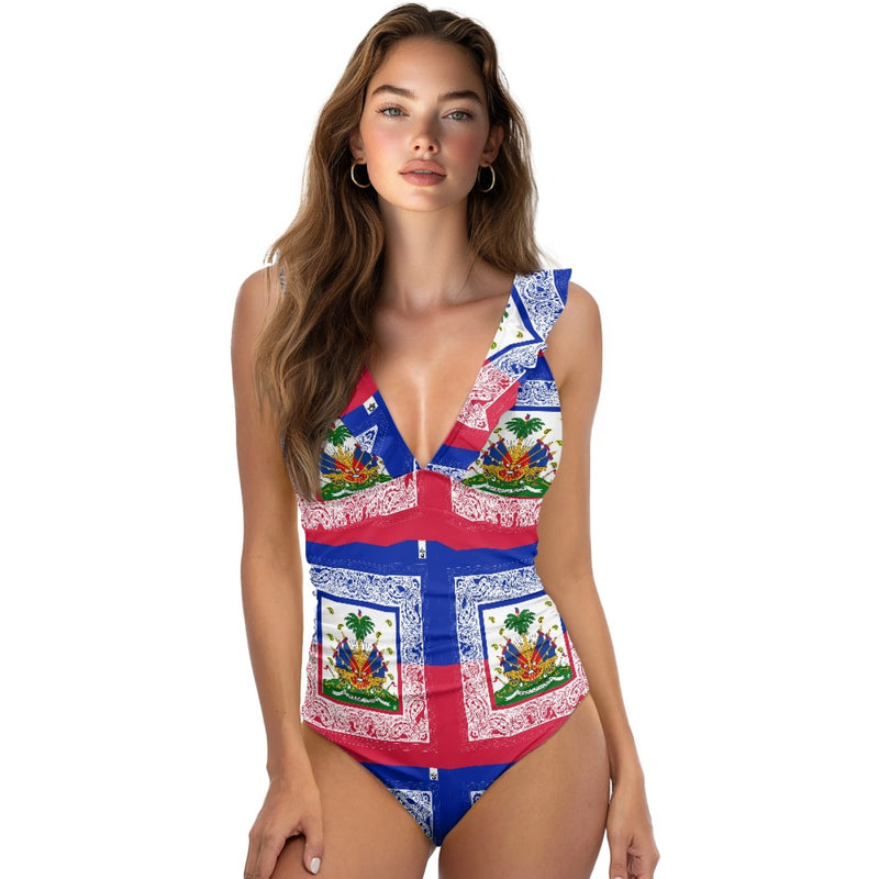 TMMG HAITI HAITIAN FLAG BANDANA Women's Ruffled Lace Up One-Piece Swimsuit