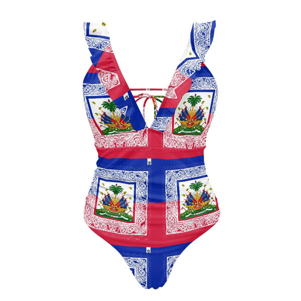 TMMG HAITI HAITIAN FLAG BANDANA Women's Ruffled Lace Up One-Piece Swimsuit