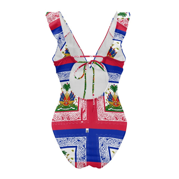 TMMG HAITI HAITIAN FLAG BANDANA Women's Ruffled Lace Up One-Piece Swimsuit