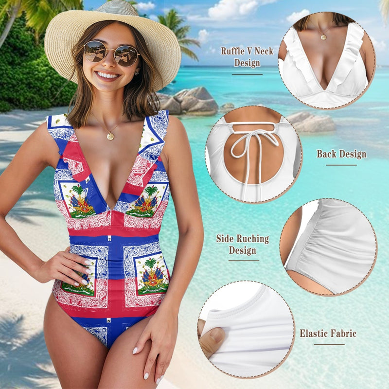 TMMG HAITI HAITIAN FLAG BANDANA Women's Ruffled Lace Up One-Piece Swimsuit