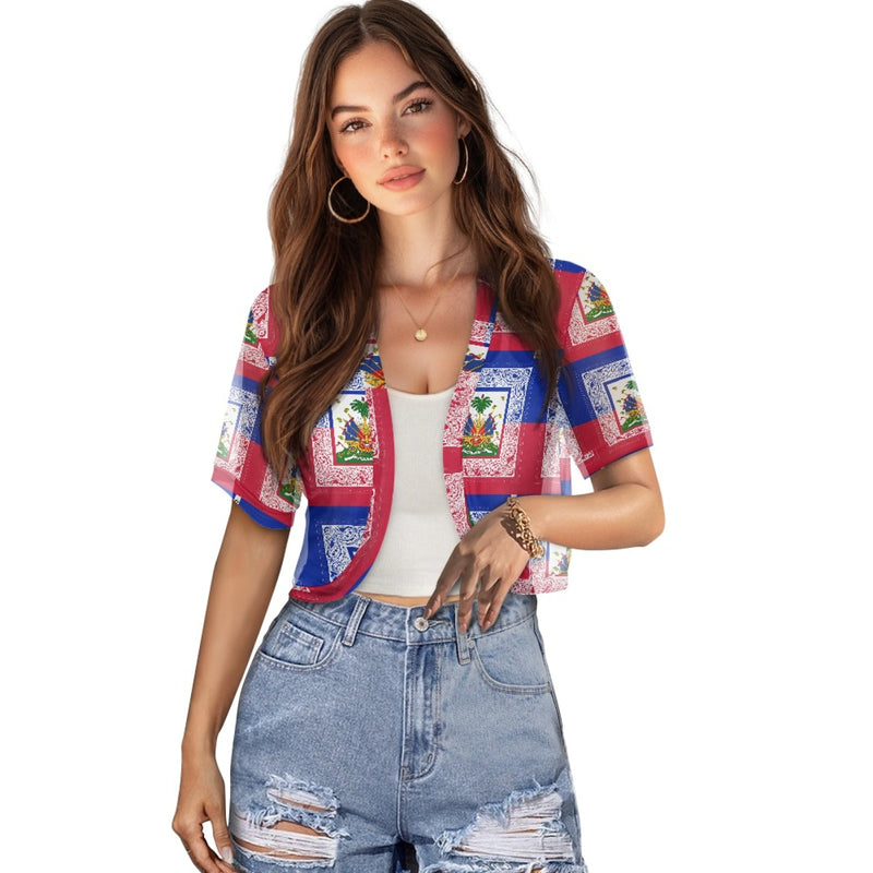 TMMG HAITI HAITIAN FLAG BANDANA Women's Short Mini Cardigan