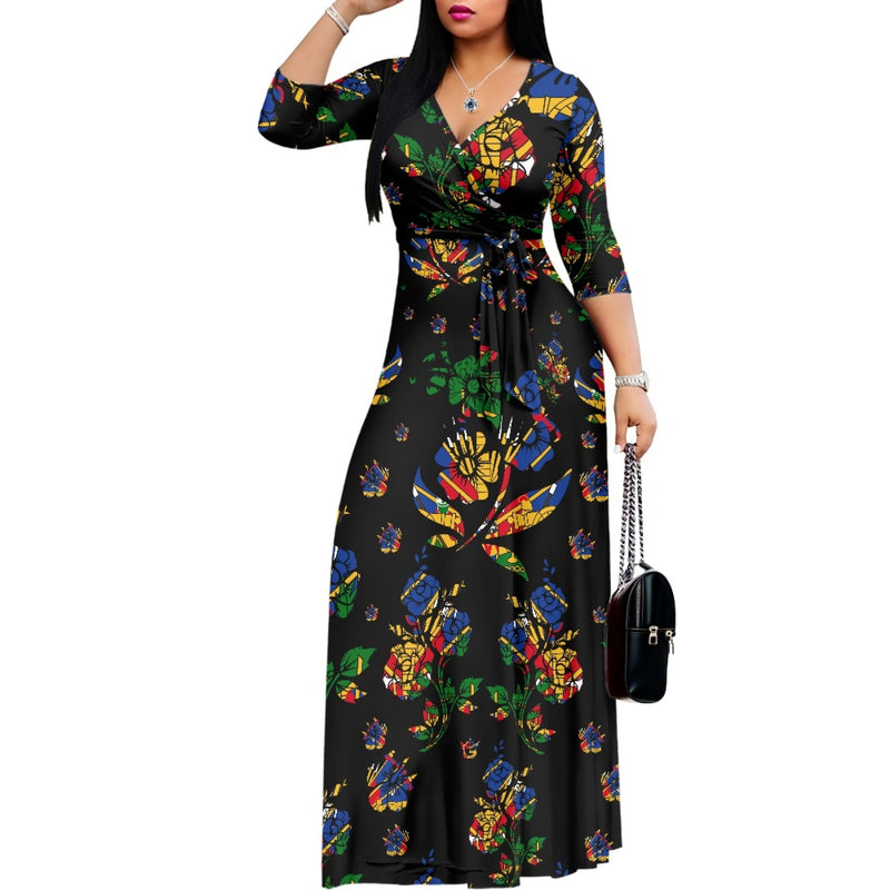 TMMG HAITI HAITIAN FLAG BLACK CHOUBLAK V-neck Maxi Dress