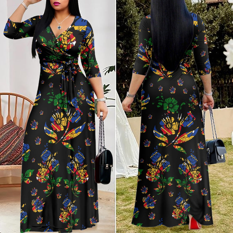 TMMG HAITI HAITIAN FLAG BLACK CHOUBLAK V-neck Maxi Dress