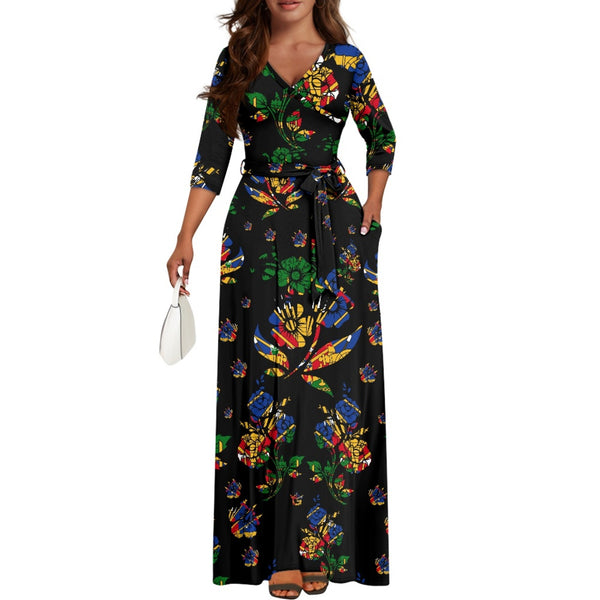 TMMG HAITI HAITIAN FLAG BLACK CHOUBLAK V-neck Maxi Dress