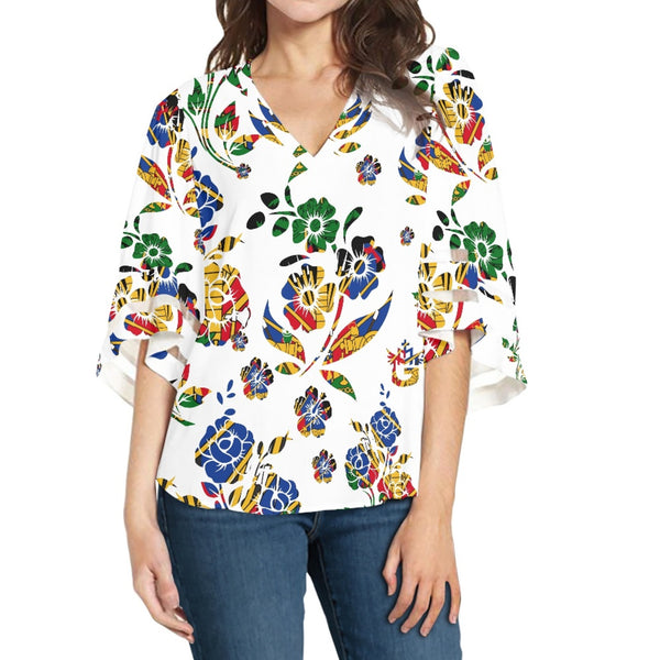 TMMG HAITI HAITIAN FLAG CHOUBLAK HIBISCUS FLOWER BLOUSE