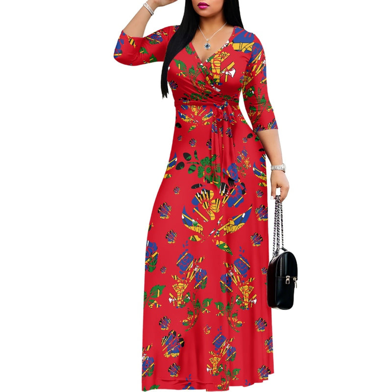 TMMG HAITI HAITIAN FLAG RED CHOUBLAK V-neck Maxi Dress