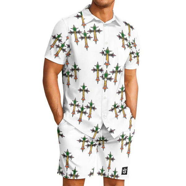 Man wearing TMMG HAITI HAITIAN FLAG CROSS PRINT CABANA SET with vibrant cross print design.