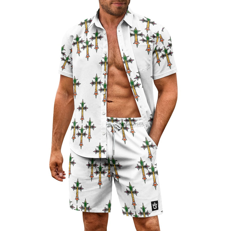 TMMG HAITI HAITIAN FLAG CROSS PRINT CABANA SET featuring a stylish man wearing a cross print shirt and shorts.
