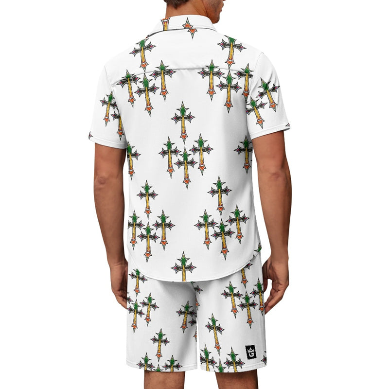 TMMG HAITI HAITIAN FLAG CROSS PRINT CABANA SET showcasing vibrant cross print design on shirt and shorts.