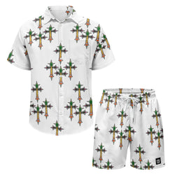 TMMG HAITI HAITIAN FLAG CROSS PRINT CABANA SET featuring a unique cross print design on a shirt and shorts.