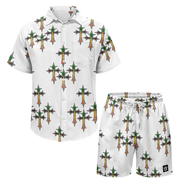 TMMG HAITI HAITIAN FLAG CROSS PRINT CABANA SET featuring a unique cross print design on a shirt and shorts.